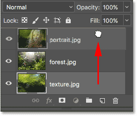 Dragging the texture layer to the top of the stack.