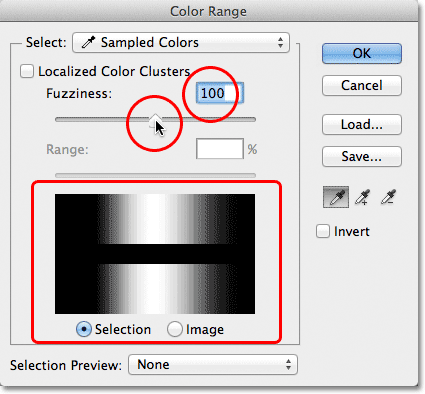 Increasing the Fuzziness value in the Color Range dialog box. 