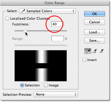 Setting the Fuzziness value in the Color Range dialog box. 
