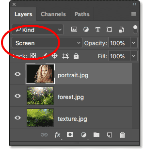 Changing the layer blend mode to Screen.