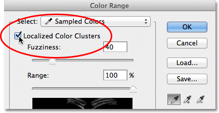 Turning on the Localized Color Clusters option in the Color Range dialog box. 
