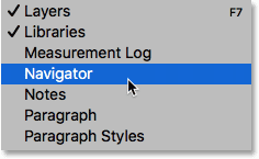 Opening the Navigator panel from the Window menu in Photoshop