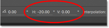 The Horizontal (H) and Vertical (V) skew fields in the Options Bar.