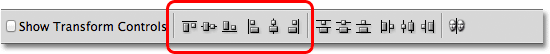 The Align options in the Options Bar in Photoshop. 
