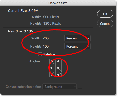 The Canvas Size dialog box in Photoshop CC.
