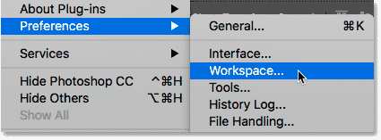 Opening the Workspace preferences in Photoshop CC.