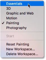 Switching back to Photoshop's default Essentials workspace.