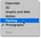 Choosing the Painting workspace in Photoshop.