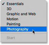 Switching from Essentials to the Photography workspace.