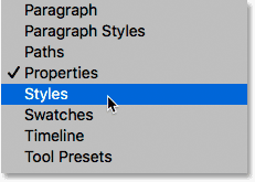 Opening the Styles panel from the Window menu in Photoshop.