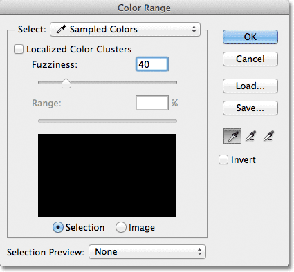 The Color Range command dialog box in Photoshop. 