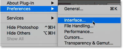 Opening the Workspace preferences in Photoshop CC.