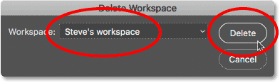 The Delete Workspae dialog box in Photoshop.