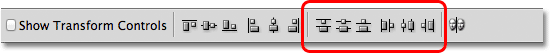 The Distribute options in the Options Bar in Photoshop. 