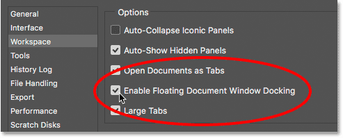 The Enable Floating Document Window Docking option in Photoshop's Preferences.