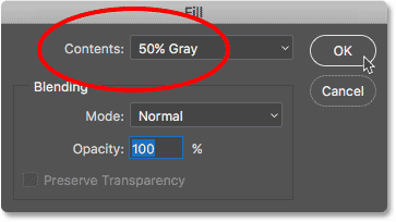 Changing the Contents option in the Fill dialog box to 50% gray.