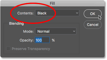 Changing the Contents option to Black in the Fill dialog box.