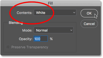 Changing the Contents option to White in the Fill dialog box.