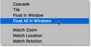 Selecting the Float All in Windows command in Photoshop.