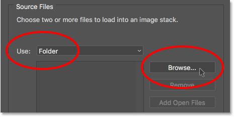 Setting the Use option to Folder, then clicking the Browse button.