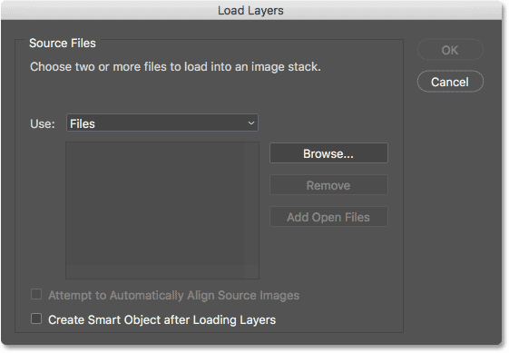 Selecting the Load Files into Stack command from under the File menu.