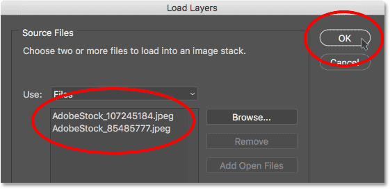 Clicking OK in the Load Layers dialog box.