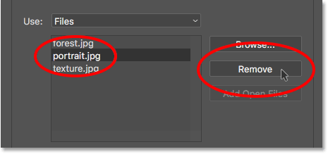 To remove a file, select it, then click Remove.