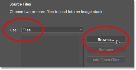 Changing the Use option to Files, then clicking the Browse button.