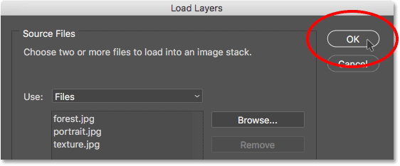 Clicking OK in the Load Layers dialog box.