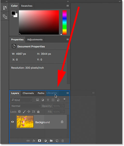 Dragging the Libraries panel into the Layers, Channels and Paths panel group in Photoshop.