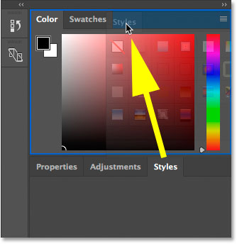 Dragging the Styles panel into the Color and Swatches panel group in Photoshop.