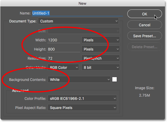 Creating a new document in Photoshop.