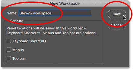 The New Workspace dialog box in Photoshop.
