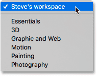 The custom workspace is now included with the built-in Photoshop workspaces.