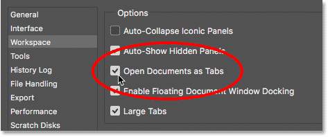 The Open Documents as Tabs option in Photoshop's Preferences.