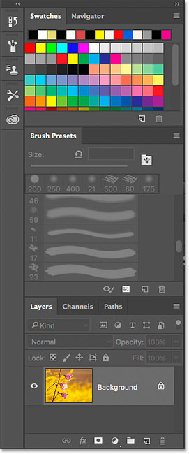 The Photography workspace panel layout in Photoshop.