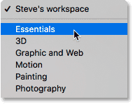 Choosing the default Essentials workspace in Photoshop.