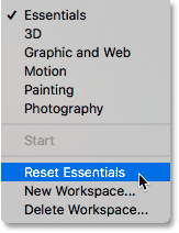 Resetting the Essentials workspace in Photoshop.