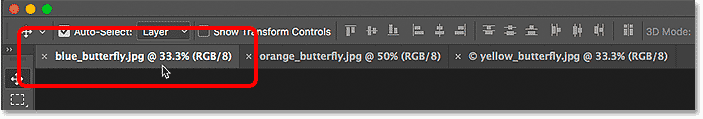 Selecting the first tabbed document in Photoshop.