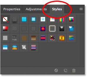 The Styles panel opens in the same group as the Properties and Adjustments panels.