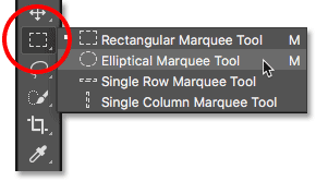 Choosing a hidden tool in the Photoshop Toolbar.