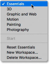 The list of Photoshop workspaces after clicking the Workspace icon.