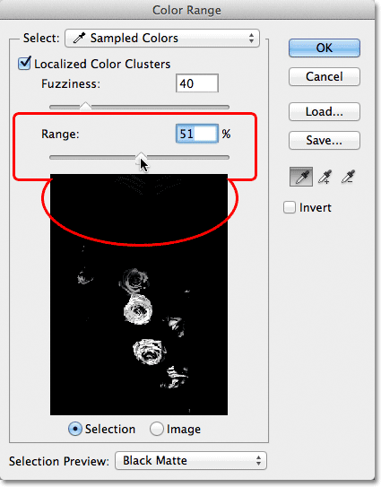 Lowering the Range value in the Color Range dialog box. 