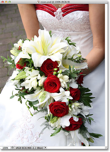A bride holding a bouquet with red roses. 