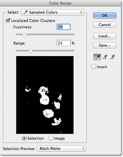 The final settings in the Color Range dialog box. 