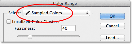The Select option set to Sampled Colors in the Color Range dialog box. 
