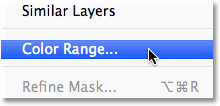 Selecting the Color Range command in Photoshop. 