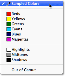 The Select options in the Color Range dialog box. 