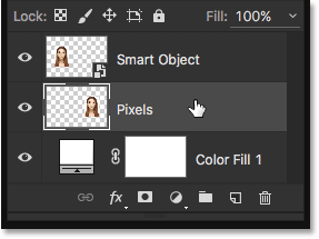Selecting the Pixels layer in the Layers panel. 