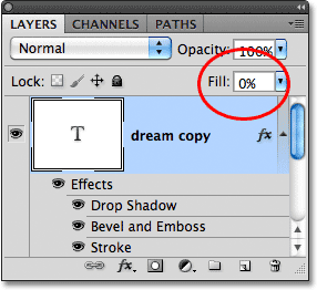 Lowering the Fill value of the text to 0%, with layer styles applied to the text.